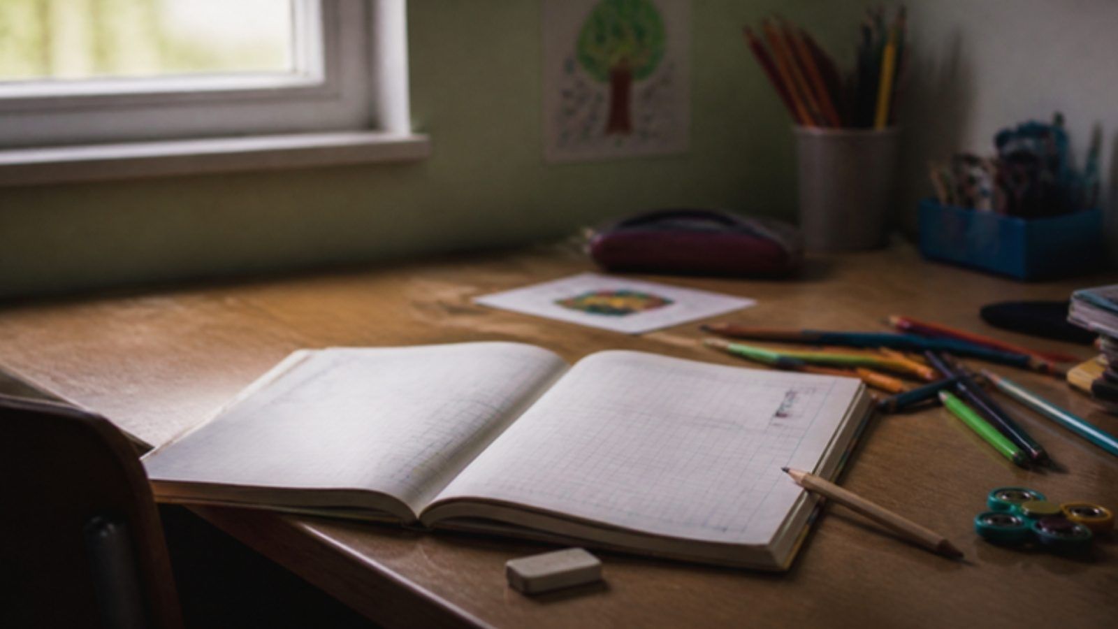 Mesa de estudos com caderno e lápis espalhados, sem rosto de criança